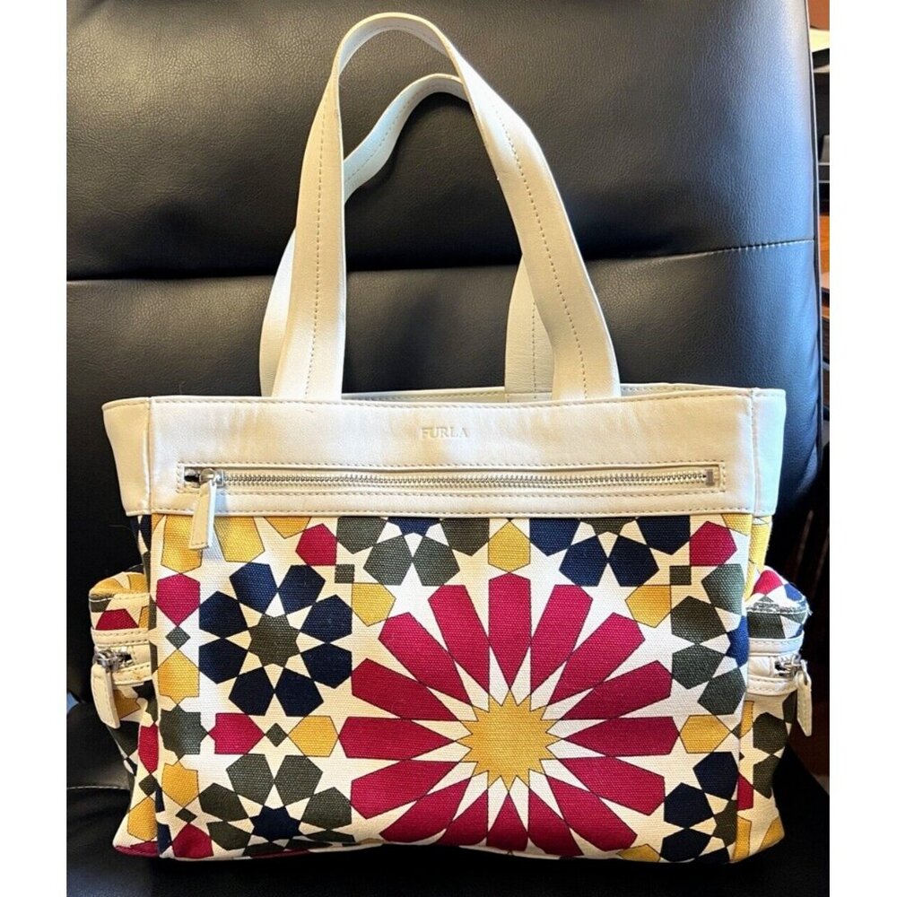 Furla Floral Handbag Cloth Canvas Tote Blue Red Green Yellow w White Leather